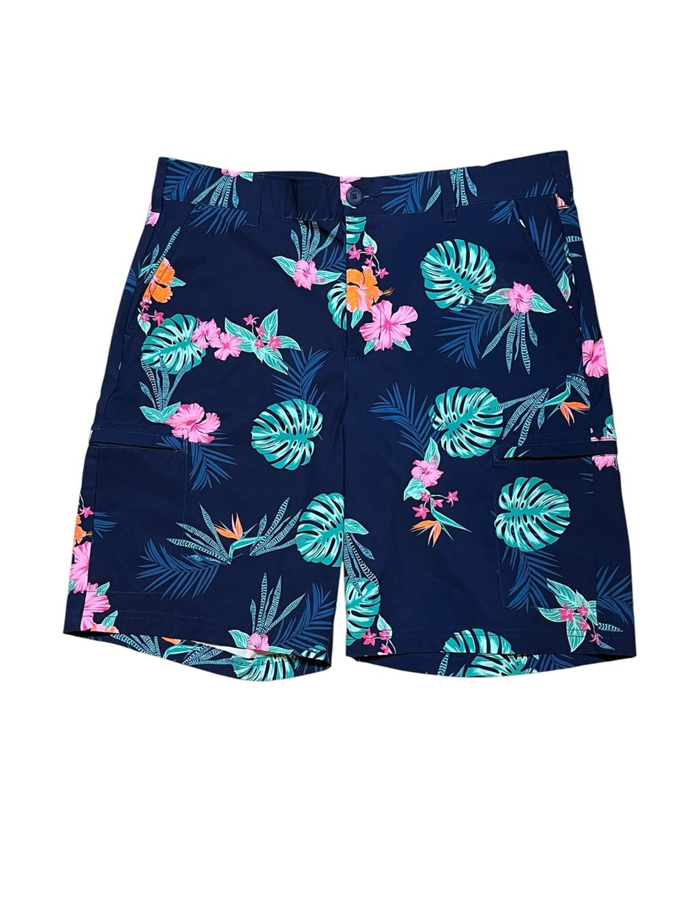 BirdieBound Golf Shorts Floral Navy Mens Retro Tropical Vacation Boarder Preppy